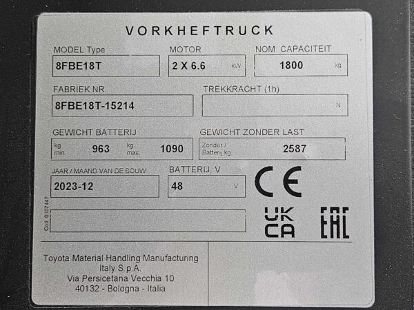 TOYOTA 8FBE18T - Vorkheftruck Elektro - Afbeelding 4